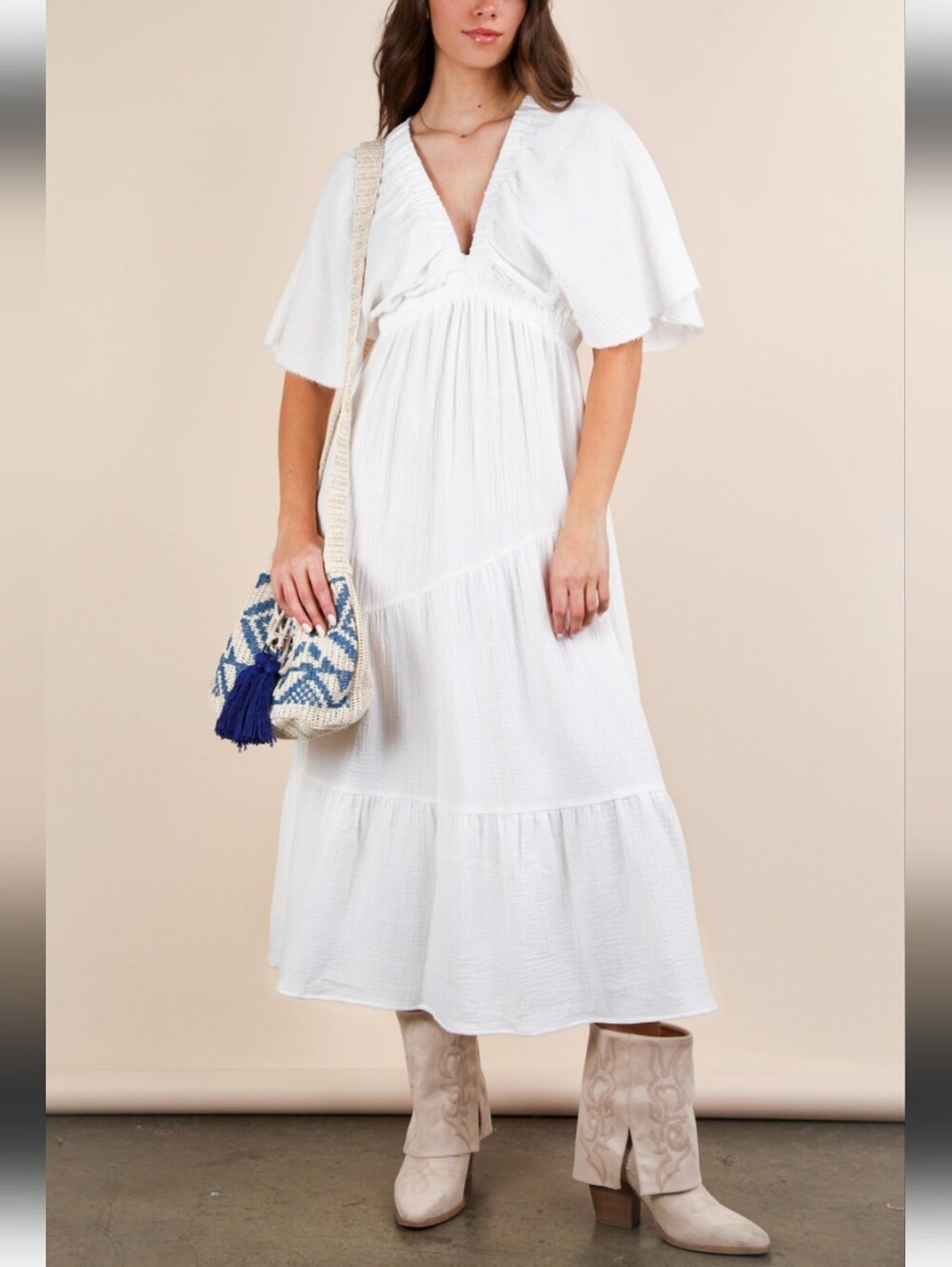 White Gauze V-Neck Tiered Raw Hem Midi Dress Cottagecore Western Boho Large